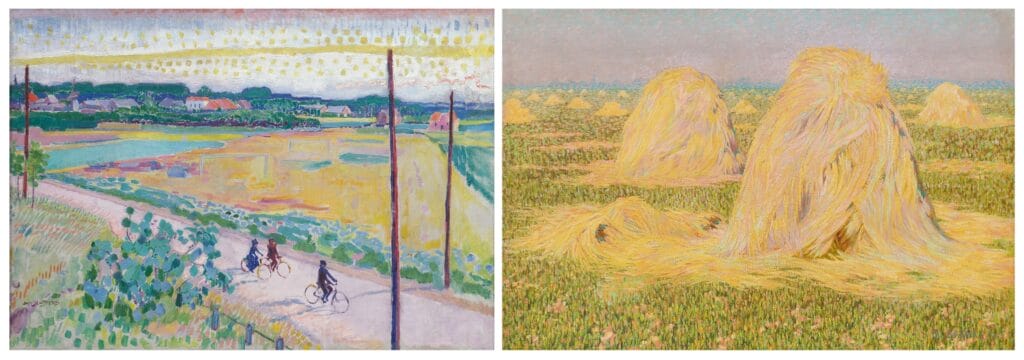 <p>Links: Jan Sluijters, <em>Larens landschap met fietsers</em>, circa 1910-1911, olieverf op doek, 51 x 71 cm, Singer Laren, schenking Collectie Nardin. Rechts: Co Breman, <em>Hooipolder</em>, 1905, olieverf op doek, 44 x 71 cm, Singer Laren, bruikleen gemeente Laren</p>
