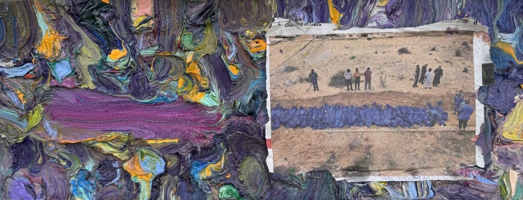 <p><em>Gaza – 17-05-25</em>, olieverf-collage op doek, 30 x 70 cm, Collectie De Pont Museum</p>
